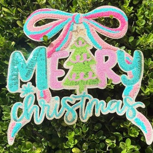 Pastel Merry Christmas Patch chenille – sequin tree & bow iron on applique