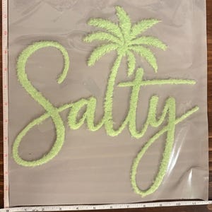 May include: A light green, fuzzy patch with the word "Salty" in cursive script and a palm tree illustration. The patch is on a mesh backing, perfect for iron-on application. The design evokes a beach or tropical theme.