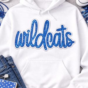 May include: White hoodie with the word "wildcats" in blue glitter script across the front. The hoodie has a front pocket and a drawstring hood. Blue and white pom-poms, a megaphone, and jeans are also visible.