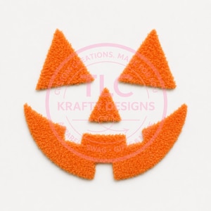 May include: A set of orange fuzzy fabric cutouts shaped like a jack-o'-lantern face, including two triangular eyes, one triangular nose, and a wide, jagged mouth with a rectangular tooth, arranged to form a classic pumpkin expression.