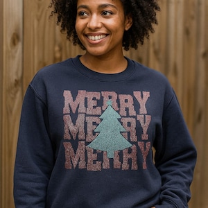 Merry Merry Merry Spangle Transfer | Christmas Tree Sparkle Iron On | Holiday Rhinestone Heat Transfer | Ready to Press Festive Shirt Design