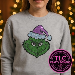 Grinchy grinning Spangle Transfer | Sparkle Rhinestone Iron On | Christmas Heat Transfer | Ready to Press Festive Shirt Design