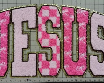 JESUS XL Chenille Patch Pink Checkered and Bow Pattern Oversized Faith Patch for Adult Sweatshirts Hoodies and Christian Apparel