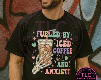 Fueled By Iced Coffee Skeleton Tee – Funny Coffee Lover Shirt – Iced Coffee Graphic T-Shirt – Cute Skeleton Coffee Tee