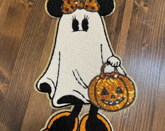 Girl Mouse Ghost Costume Patch with Pumpkin Trick-or-Treat Bag – Halloween Chenille Iron On or Sew On -TLC Krafty Designs