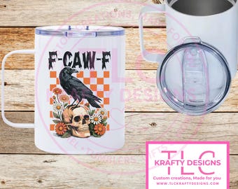 F-CAW-F Crow Skull Mug – 12oz Gothic Raven Travel Coffee Cup with Lid