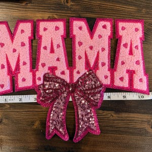 XL MAMA Chenille Patch with Sequin Bow – Oversized Pink Heart Letter Applique for Jackets & Sweatshirts