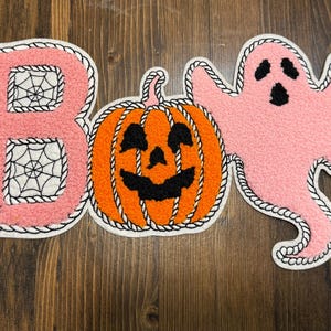 BOO Patch with Pink Ghost & Pumpkin – Halloween Chenille Iron On or Sew On -TLC Krafty Designs
