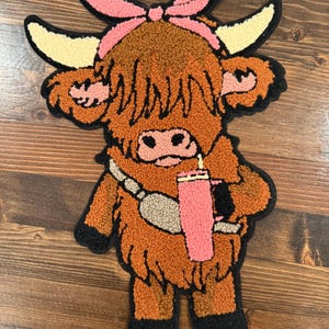 Highland Cow XL Patch with Pink Cup & Bandana  Cute Chenille Applique for Sweatshirts, Tees, Gifts DIY Craft Projects