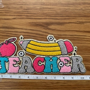 XL Teacher Chenille Patch – Apple & Pencil Patch, Large Iron On Patch for Teachers, Backpacks, Jackets