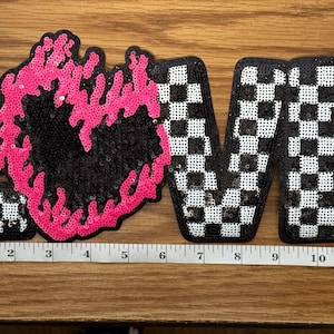 LOVE Sequin Patch – Pink Flame Heart & Checkered Letters | 12 Inch Iron-On Appliqué