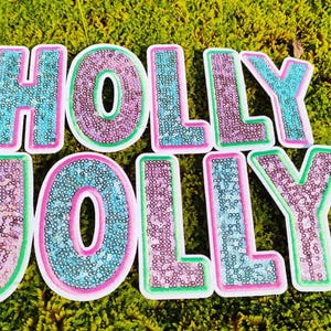 May include: Colorful sequined letters spelling "HOLLY JOLLY" on a bed of green moss. The letters have a white border with pink, blue, and green accents. The sequins add a festive, sparkling effect, perfect for holiday decorations.