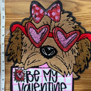 Be My Valentine Dog Chenille Xl Patch – Heart Sunglasses Puppy Patch – XL Valentine Applique for Shirts, Hoodies – Cute Dog