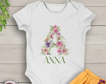 Traje de bebé floral personalizado, niña romper flores, manga corta para bebé con nombre, regalo de baby shower