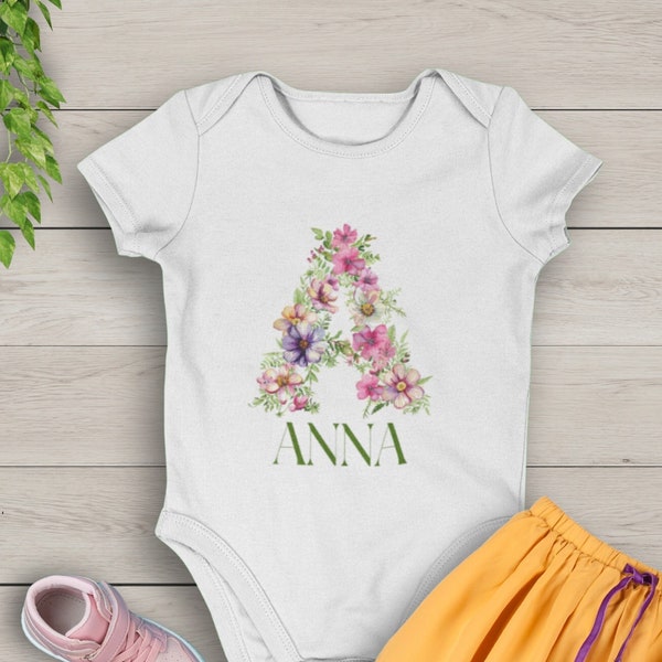 Personalized Floral BabySuit, Flowers Strampler Girl, Baby Short Sleeve with Name, Baby Shower Gift