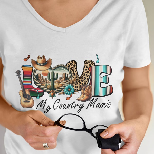 Country Music Woman T-Shirt, Vintage Look V Neck Shirt, Summer Tee, Country Lover Gift, Music Cow Girl