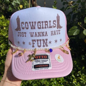 Cowgirls Just Wanna Have Fun Trucker Hat – Pink & White Mesh Cap | Cute Western Hat for Bachelorettes, Rodeos, and Summer Adventures