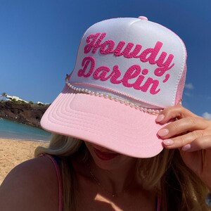 Pink & White &quot;Howdy Darlin’&quot; Trucker Hat – Hot Pink Embroidered Lettering, Cute Western Cowgirl Hat, Bachelorette Party