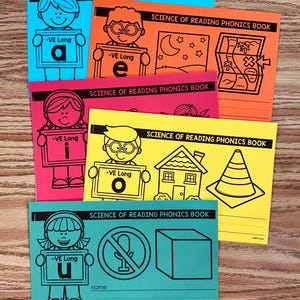 May include: A stack of colorful phonics books with cartoon illustrations. Each book features a different vowel and a corresponding image, such as a house or a cube. The books are titled "Science of Reading Phonics Book."