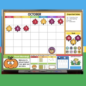 Könnte beinhalten: Ein farbenfroher Schulkalender für Oktober mit einer Kürbisgrafik und dem Text "Guten Morgen! Willkommen in der Schule heute! Ich freue mich, dass du hier bist." Der Kalender enthält wichtige Daten und Werkzeuge.