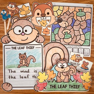Könnte beinhalten: Ein druckbares Set mit Lernaktivitäten für Kinder mit einem Comic-Eichhörnchen und dem Satz "The Leaf Thief". Das Set enthält eine Malvorlage, eine Sequenzierungsaktivität und eine Schreibaufforderung.