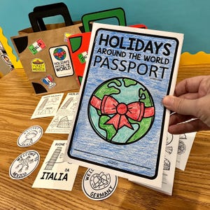 May include: A colorful printable passport for kids to use while learning about holidays around the world. The passport features a globe with a red bow and the words "Holidays Around the World Passport".