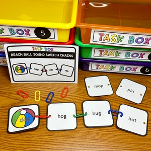 Op de afbeelding: Een set kleurrijke taakboxen met het label 'Task Box' met de nummers 5 en 6. De dozen zijn op elkaar gestapeld. Een kaart met de titel 'Beach Ball Sound Switch Chains' ligt op een houten tafel. De kaart toont een strandbal met het woord 'cap' erop. Er zijn vier andere kaarten met de woorden 'nap', 'nip', 'rip' en 'mop'. Er zijn ook vier kaarten met de woorden 'hog', 'hug', 'hut' en 'dog'. Er liggen verschillende kleurrijke plastic schakels op de tafel.