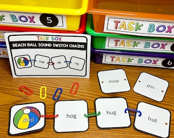 Può includere: Un set di scatole per attività colorate etichettate "Task Box" con i numeri 5 e 6. Le scatole sono impilate l'una sull'altra. Un cartoncino con il titolo "Beach Ball Sound Switch Chains" è su un tavolo di legno. Il cartoncino mostra una palla da spiaggia con la parola "cap" su di essa. Ci sono altre quattro carte con le parole "nap", "nip", "rip" e "mop". Ci sono anche quattro carte con le parole "hog", "hug", "hut" e "dog". Ci sono diversi anelli di plastica colorati sul tavolo.