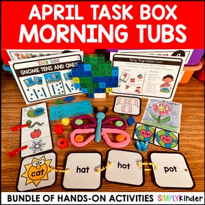 May include: A collection of colorful educational activity tubs for preschool or kindergarten. The tubs include activities for counting, letter recognition, and fine motor skills. The tubs are labeled with the words "Task Box" and "Gnome Tens and Ones".