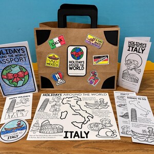 May include: A brown paper bag with a black handle and a black suitcase design. The bag is decorated with colorful stickers of different countries and their holidays. The stickers include Italy, Mexico, France, Germany, and Australia. The bag is surrounded by various printable worksheets with coloring pages and activities related to holidays around the world, including a passport, a map of Italy, and a list of things to do in Italy.