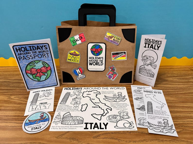 May include: A brown paper bag with a black handle and a black suitcase design. The bag is decorated with colorful stickers of different countries and their holidays. The stickers include Italy, Mexico, France, Germany, and Australia. The bag is surrounded by various printable worksheets with coloring pages and activities related to holidays around the world, including a passport, a map of Italy, and a list of things to do in Italy.
