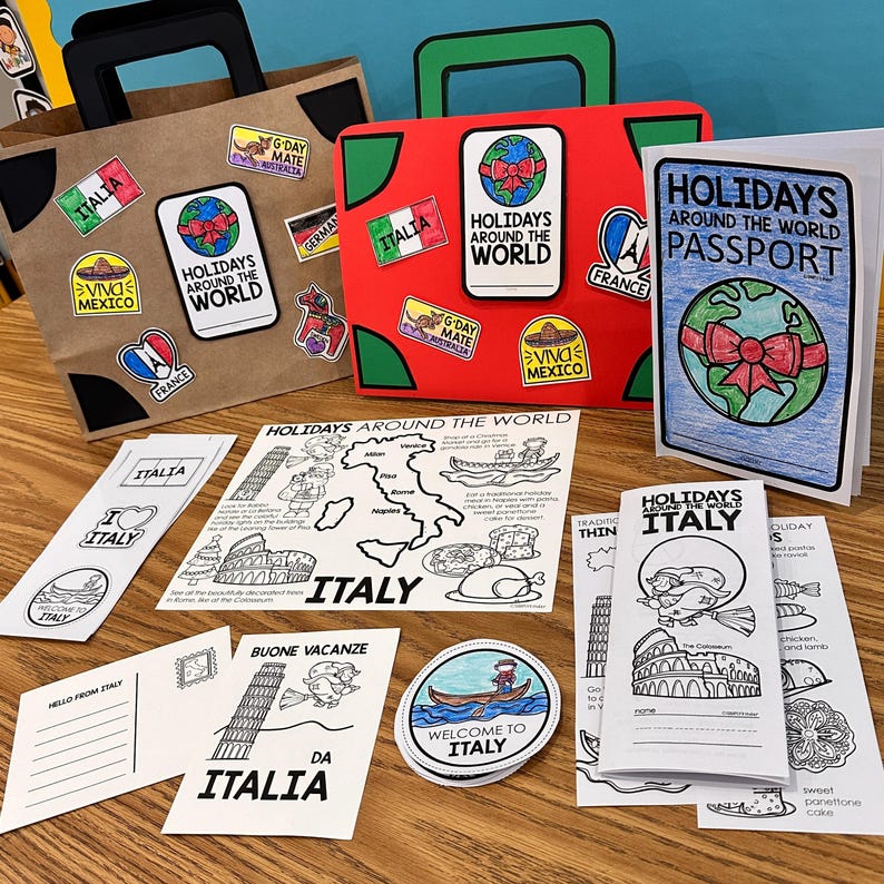May include: A set of printable educational materials for kids to learn about holidays around the world. The set includes a passport, a suitcase, and several worksheets with coloring pages and activities. The theme is Italy, with images of the Colosseum, the Leaning Tower of Pisa, and other Italian landmarks.