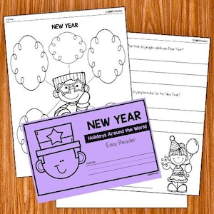 Könnte beinhalten: Ein schwarz-weißes druckbares Arbeitsblatt für Kinder, um etwas über Neujahrstraditionen auf der ganzen Welt zu lernen. Das Arbeitsblatt zeigt eine Grafik einer Person mit Partybrille und einer Gedankenblase mit drei leeren Kreisen. Das Arbeitsblatt enthält auch zwei Schreibaufforderungen: "Wann feiern die Leute Neujahr?" und "Was machen die Leute zu Neujahr?"