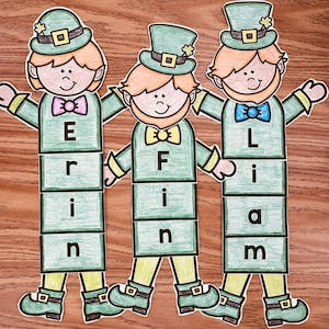 May include: Three green leprechaun figures with block letters spelling out the names Erin, Finn, and Liam. Each figure has a green hat with a gold buckle and a yellow bow tie.