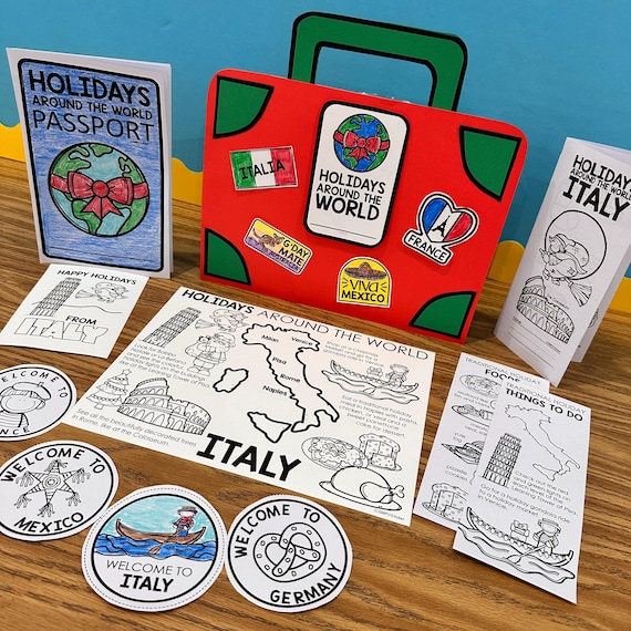 Christmas Around the World Passport, Suitcase, Maps, and Brochures - Holidays Travel Kit