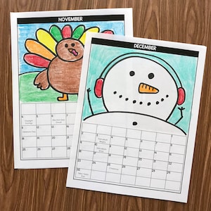 May include: A printable calendar featuring a colorful turkey illustration for November and a snowman illustration for December. The calendar includes holidays and special days like Election Day, Veterans Day, Hanukkah, and Christmas.