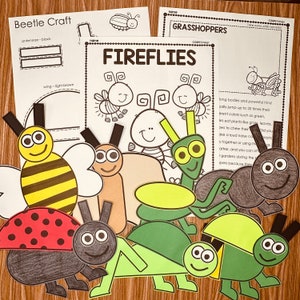 May include: A set of colorful insect craft cutouts, including a bee, ladybug, grasshopper, and firefly. The cutouts are printed on white paper and have black outlines. The text "FIREFLIES" is printed at the top of the page.