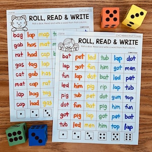 CVC Words Roll and Write Worksheets Kindergarten, Morning Work, Centers