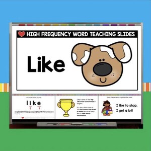 Op de afbeelding: Een lesdia met de woorden "HIGH FREQUENCY WORD TEACHING SLIDES" en het woord "Like" in grote zwarte letters. Een cartoonhond staat naast het woord. Hieronder staan ​​extra leermiddelen.