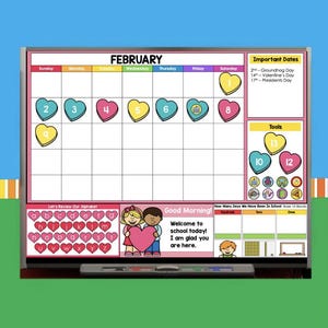 May include: A February calendar with heart-shaped decorations for each day. The calendar also includes a section for important dates and tools. The bottom of the calendar has a section for reviewing the alphabet and a welcome message.