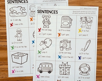 CVC Sentence Worksheets Kindergarten, Morning Work, Centers