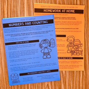 May include: A blue and orange printable worksheet with the title "How to Support Numbers and Counting" and "Homework at Home". The worksheet includes tips for helping children learn to count and includes a list of recommended websites and apps.