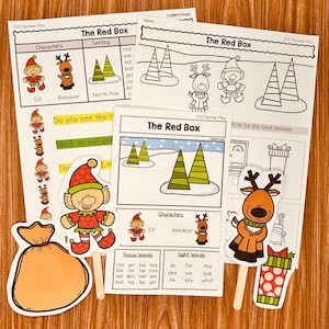 May include: A printable educational activity for children featuring a red box, an elf, a reindeer, and Christmas trees. The activity includes a word list, a matching game, and a multiple choice question. The text on the page reads "The Red Box".
