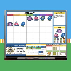 May include: A colourful January calendar with a winter theme. The calendar includes numbers, mittens, and sweaters. The calendar also includes a section for important dates and tools. The bottom of the calendar includes a section for tracking the number of days in school.