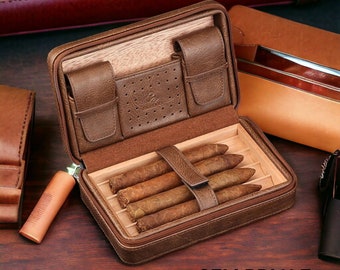 Leather Wood Cigar Humidor Box Travel Case Accessories For Smokers - Fathers Day Gift For Dad