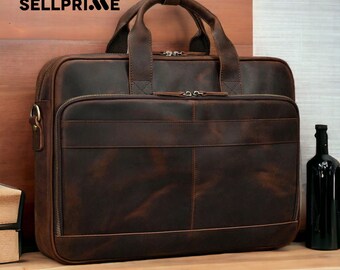 Retro Personalized Laptop Briefcase Bag Genuine Leather Business And Travel Handbags - Gifts For Dad