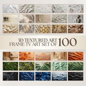 以下が含まれることがあります： 風景、抽象模様、花のモチーフなど、さまざまなデザインが施された、額入りの3Dテクスチャアートパネル100枚のセット。アートワークは長方形のフレームに収められ、ニュートラルな色使いです。「3D TEXTURED ART FRAME TV ART SET OF 100」の文字が見えます。