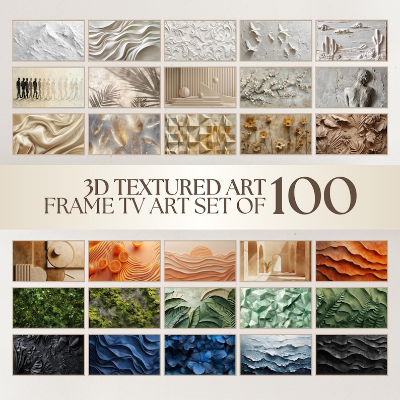 May include: A set of 100 framed 3D textured art pieces, showcasing diverse designs such as landscapes, abstract forms, and floral arrangements. The artwork is presented in rectangular frames, with a muted colour scheme. The text "3D TEXTURED ART FRAME TV ART SET OF 100" is visible.