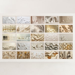 May include: A selection of framed wall art with diverse abstract designs. The artwork includes textured mountain landscapes, botanical prints, and geometric patterns in neutral tones of white, beige, and gold. The art pieces are displayed on a white background.