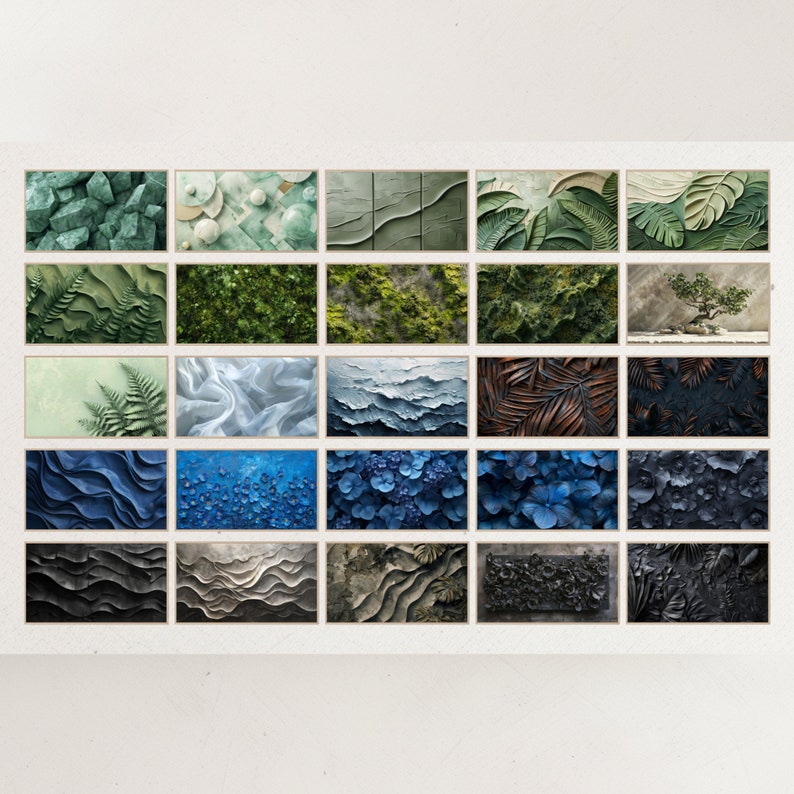 May include: A set of 24 rectangular art prints with nature-inspired designs. The prints display textures of leaves, stones, water, and abstract patterns in shades of green, blue, grey, and brown. The overall theme is natural and organic, suitable for home decor.